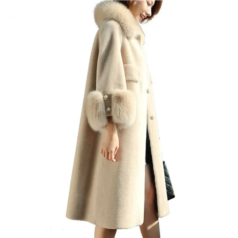 

MLCRIYG 2019 New Women Real Wool Coat And Jacket Winter Luxury Sheap Shearing Coats Long Parka Real Fox Fur Coats Outwear LX326