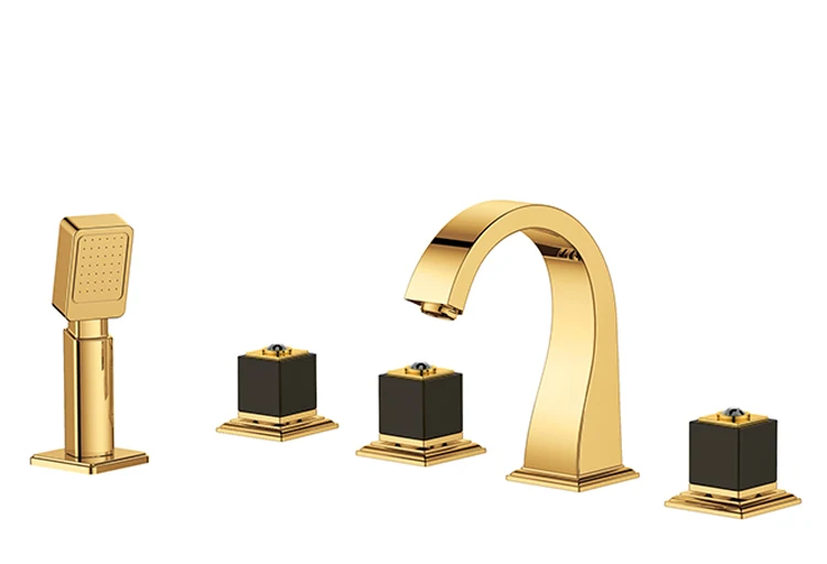 

Contemporary GOLD PVD Five Holes Three Handles Widespread Waterfall Bathtub Faucet with Hand Shower deck mounted square