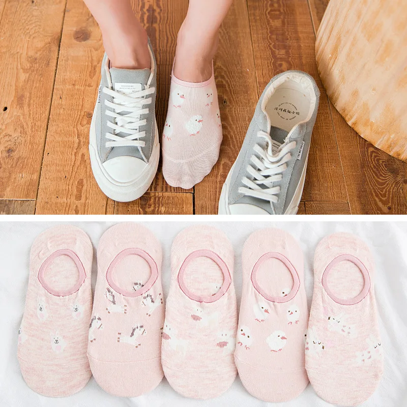 

5 Pairs Summer Pink Women Invisible Boat Socks Cotton Cartoon Animal Kawaii Cute Funny Boat Socks Thin Cool Non-slip Casual New