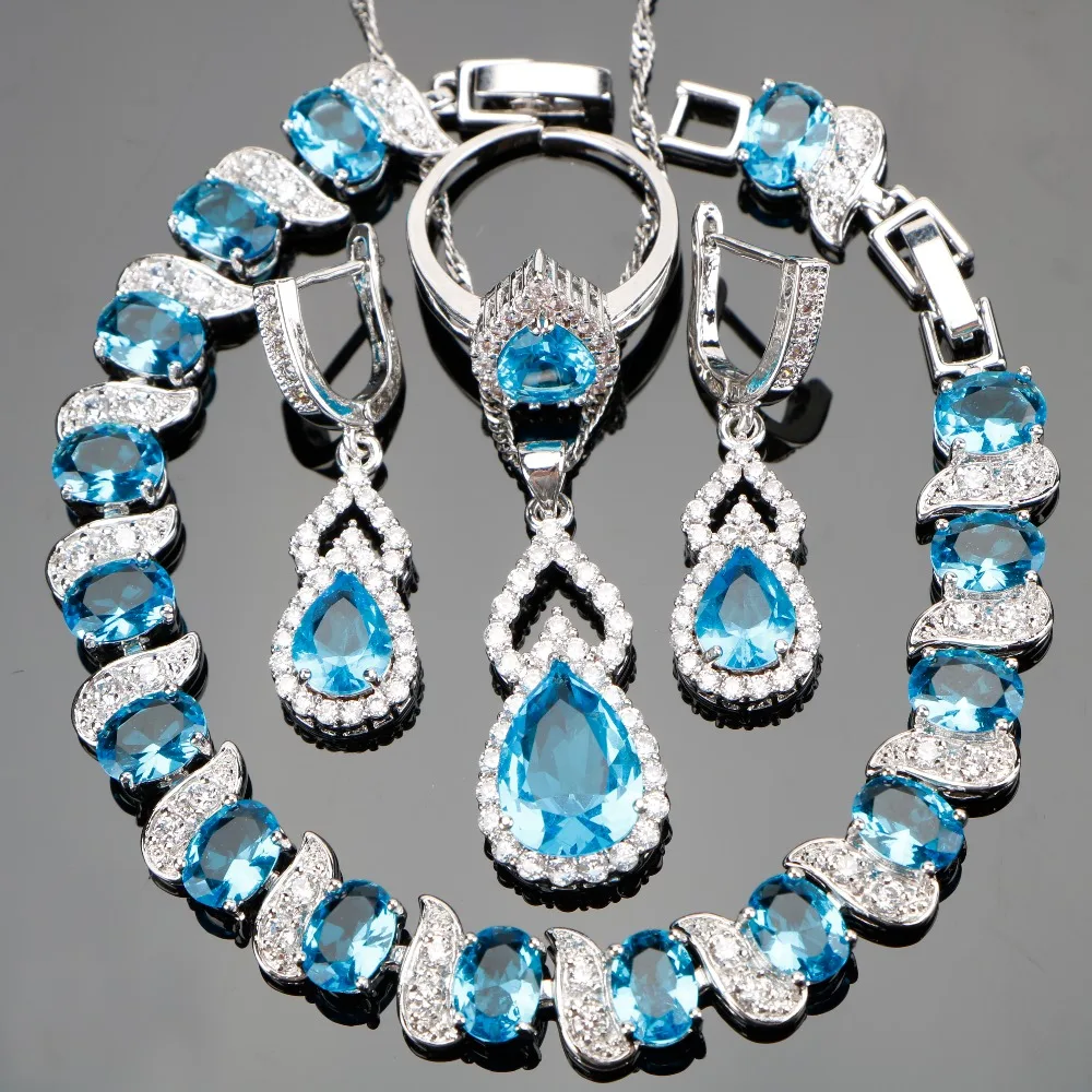 

Blue Stones Silver 925 Jewelry Sets Women Wedding Jewelery With White Zircon Bracelets/Pendant/Earrings/Rings Set Free Gift Box