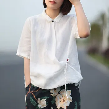 

New Style Women Casual Shirts Art Retro Solid Turn-down Collar Blouse Summer Short Sleeve Linen Blouse
