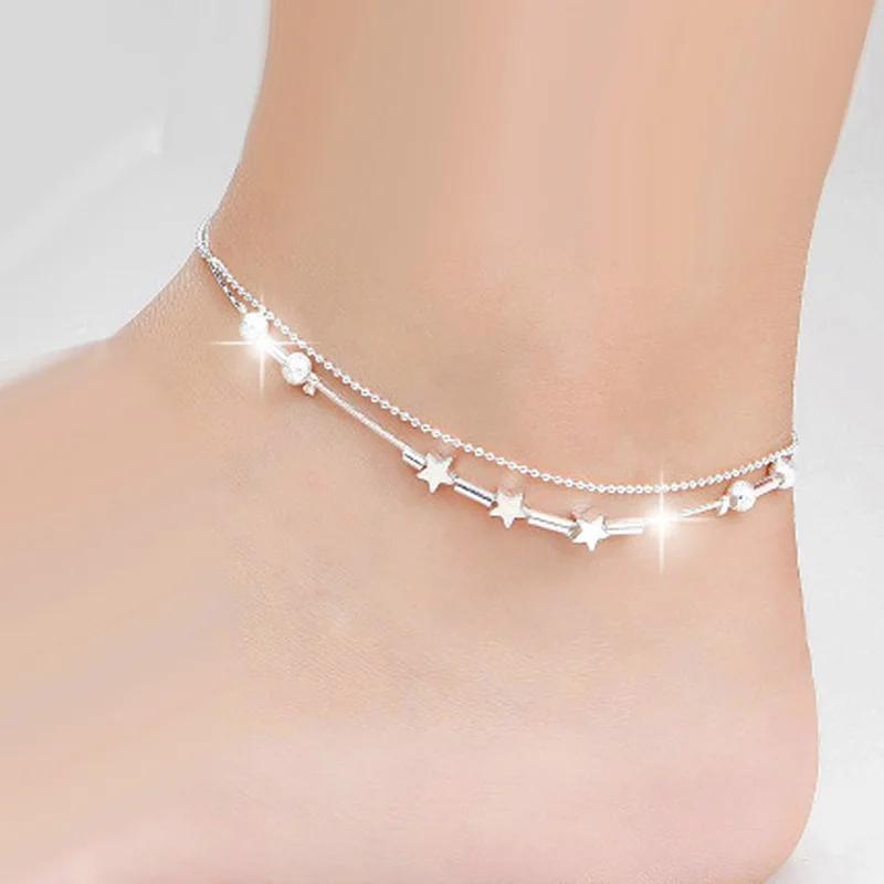 

2018 New Fashion Anklet Korean Version Of The Jewelry Silver Double Powder Beads For The Women's Anklet Jewelry Wholesale