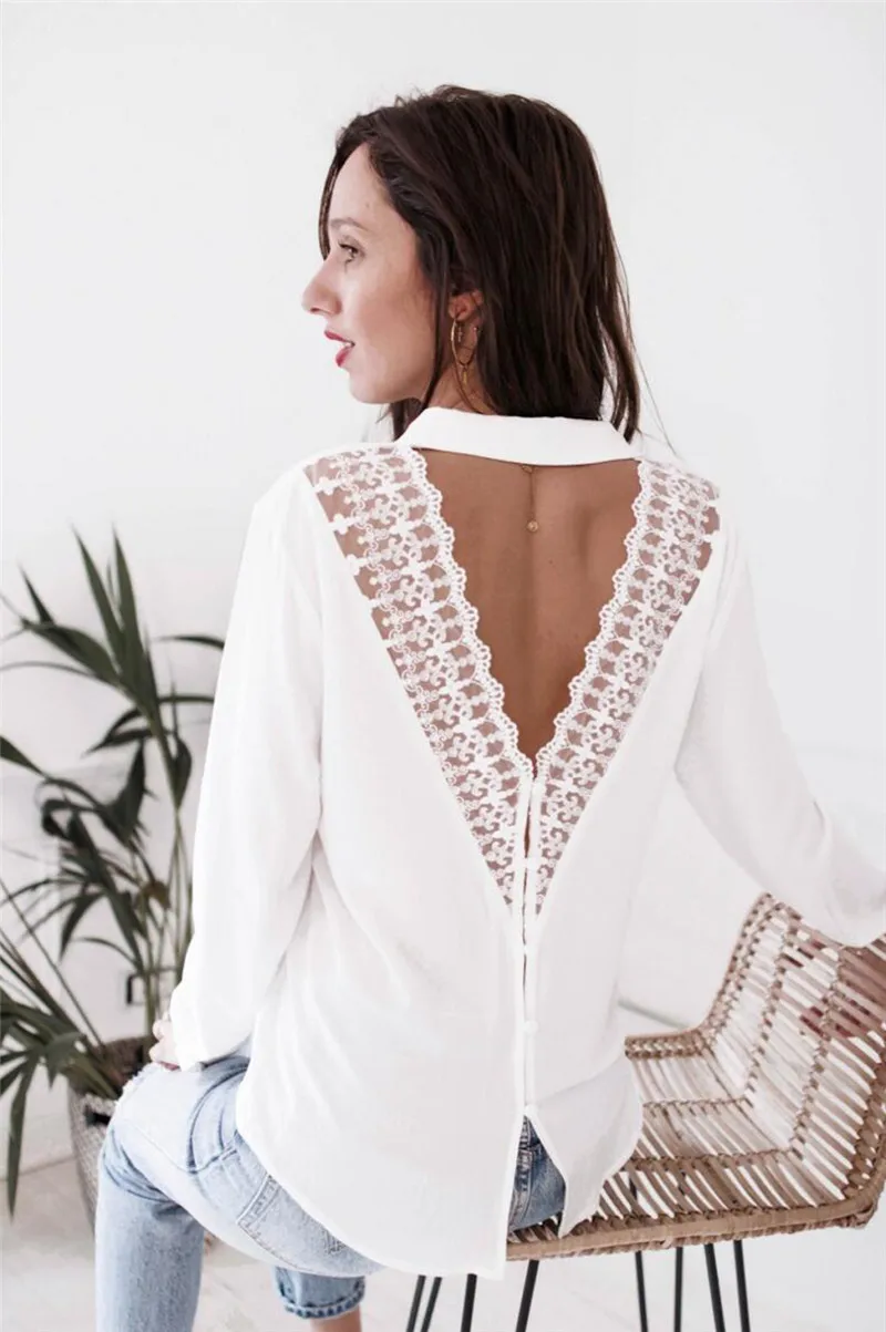

Women Shirts for Streetwear Lace Patchwork Hollow Out Design Button Decor See Through Deep V Long Sleeve Solid Slim Shirts