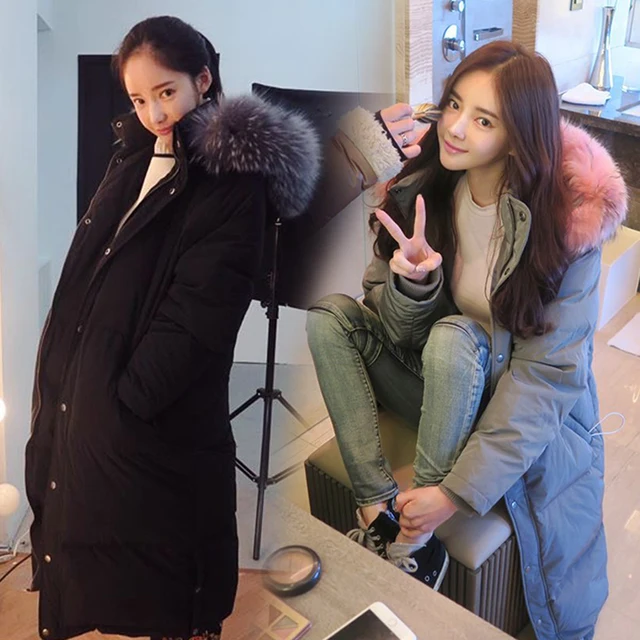 Cheap winter new high-quality men and women thickening warm Slim down jacket long knees large raccoon fur collar couple coat SizeS-XXL