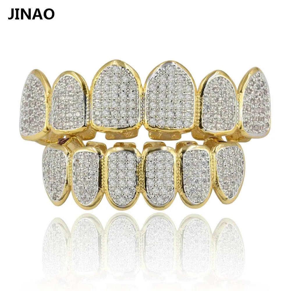  JINAO Gold Silver Plated Hip Hop Teeth Grill All Iced Out CZ Stone Micro Paved Men n Women's Top&Bo