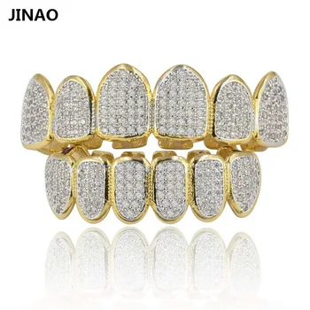 

JINAO Gold Silver-Plated Hip Hop Teeth Grill All Iced Out CZ Stone Micro Paved Men n Women's Top&Bottom Grills Set Ship From US