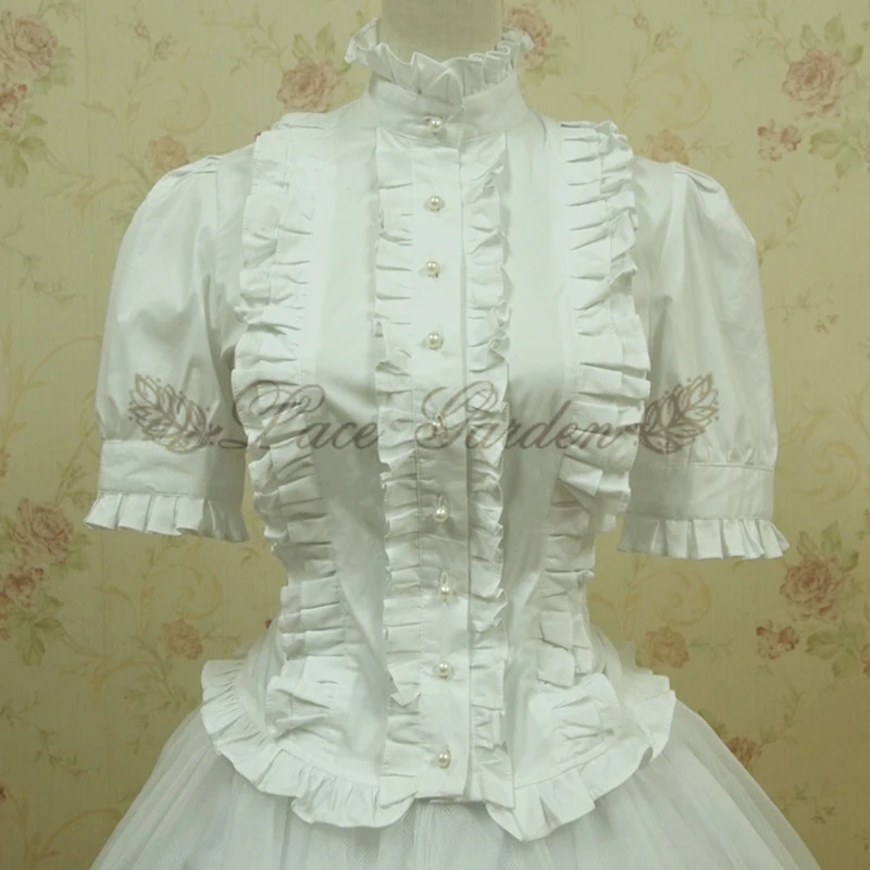 Summer women white short Tops Vintage Victorian Ruffled Bandage shirts Ladies gothic blouse lolita costume 2