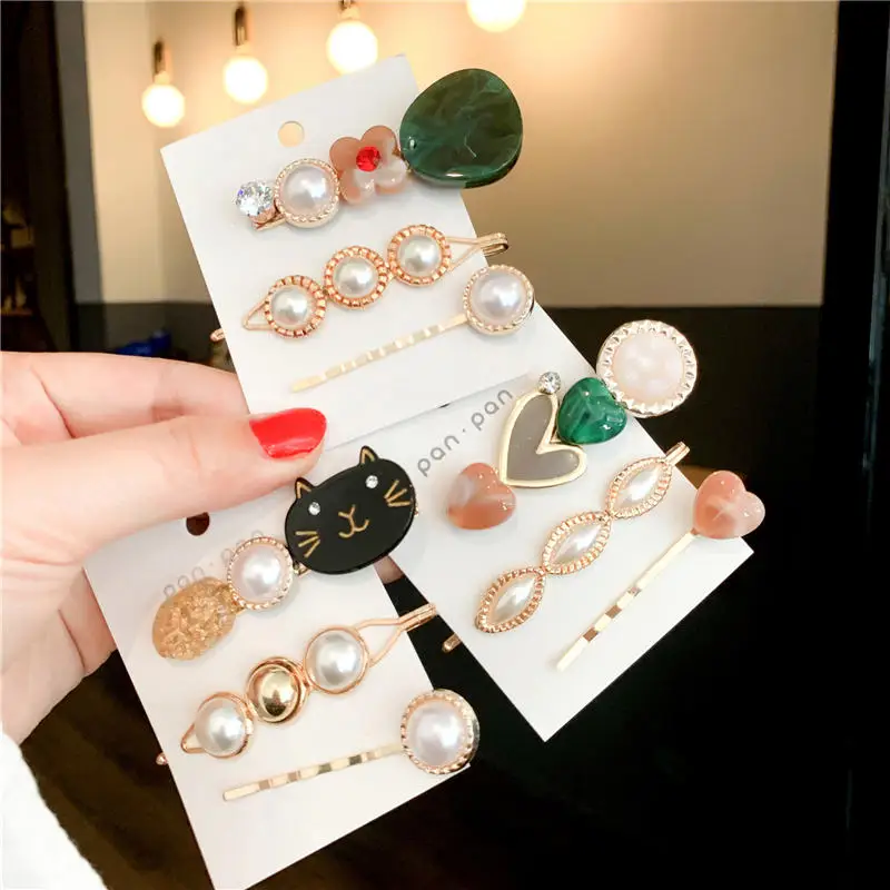 

3Pcs/set Korea Vintage Acrylic Resin Beads Hairpins Pearl Metal Gold Color Hair Clips Heart Flower Sweet Side Hair Pins