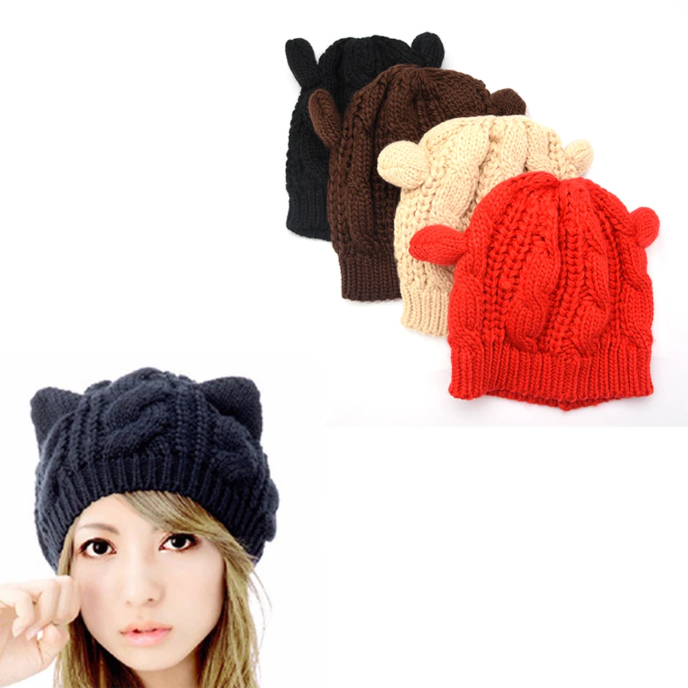 Fashion women beanies Lady Girls Winter wool makes hotspot Cat Ear Hat