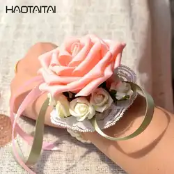 Запястье корсаж 2018 цветок Роза шелковая лента невесты ручной декоративные браслеты браслет невесты Шторы группа клип букет