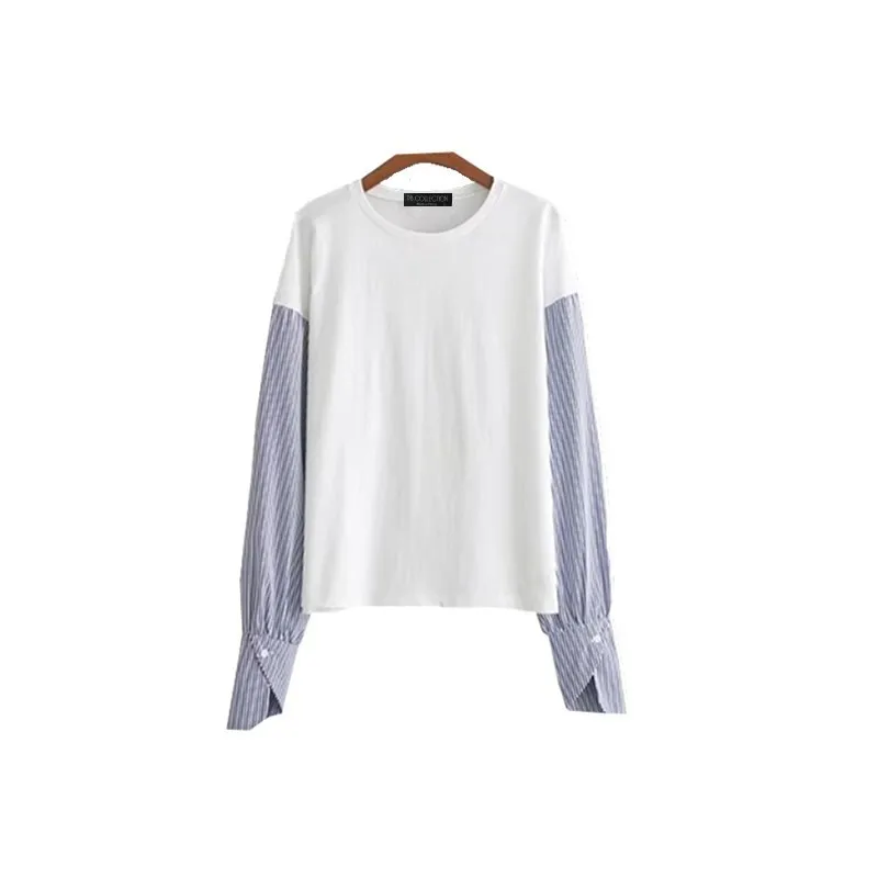 

NSZ Women White Patchwork Striped Sleeve Tee Shirt Casual Loose Round Collar Blouse Full Sleeve Top Blusas