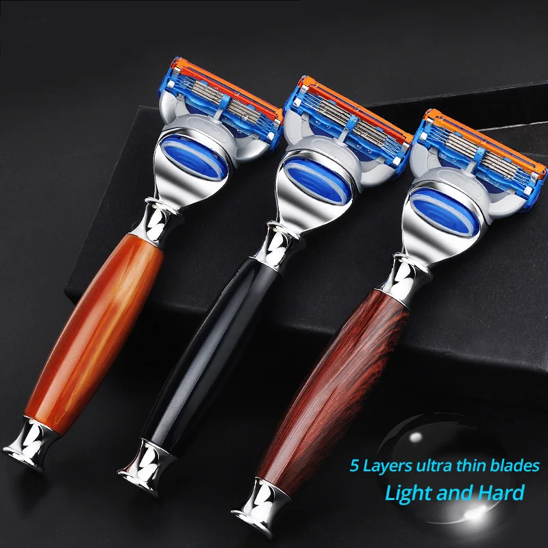 

Yunchi Men's Wood Razor Shaving Holder Barber Hair Beard Shave Manual Razor Handle Compatible with Fusion 5 Layers Razor Blades