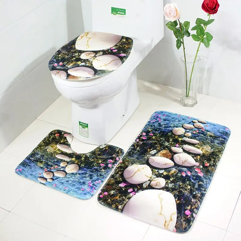 3 piece Toilet Mat Set HD Printed Pebbles Pattern Bathroom Toilet