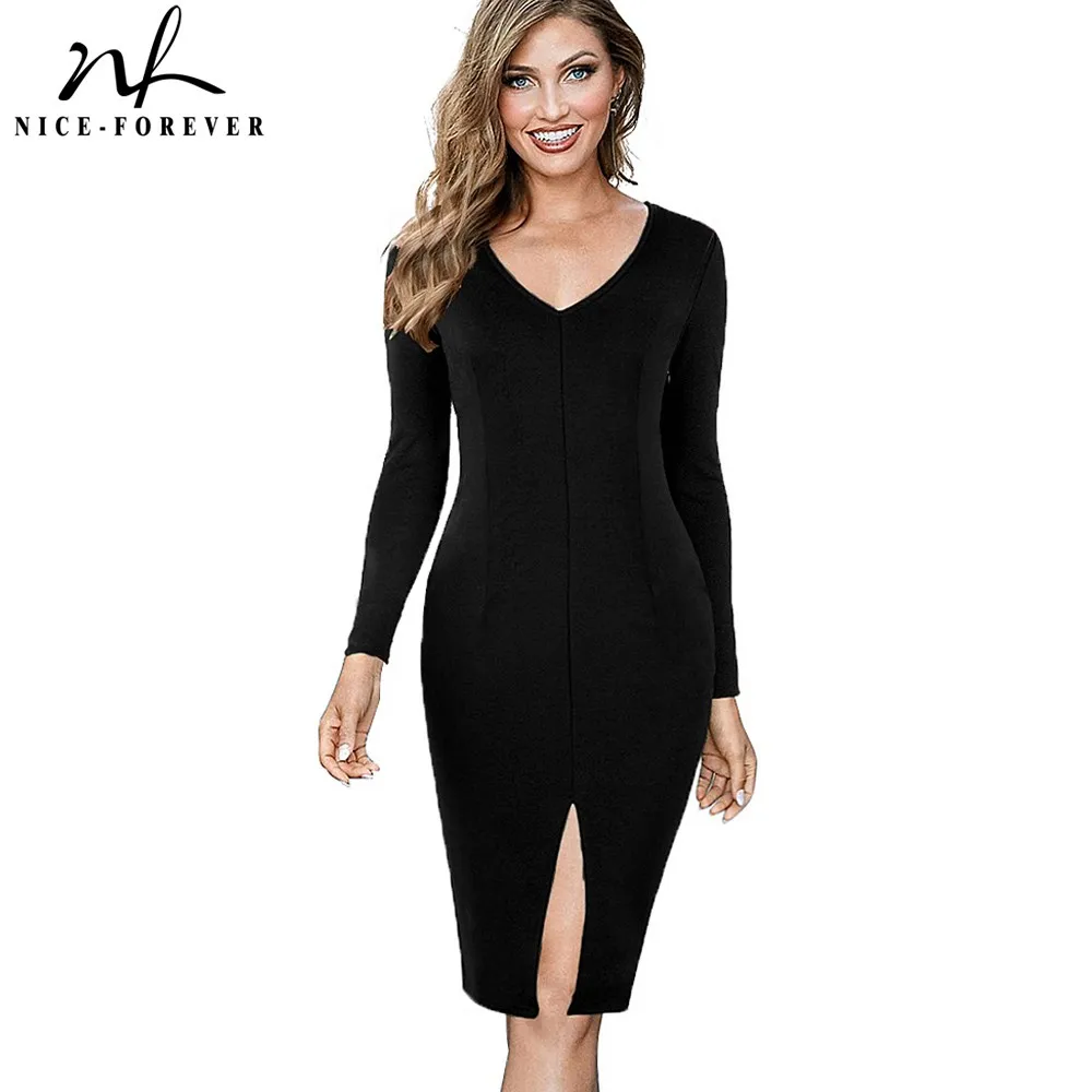 

Nice-forever Vintage Sexy V neck Pure Color vestidos Business Work Party Bodycon Women Office Zipper Dress bty826
