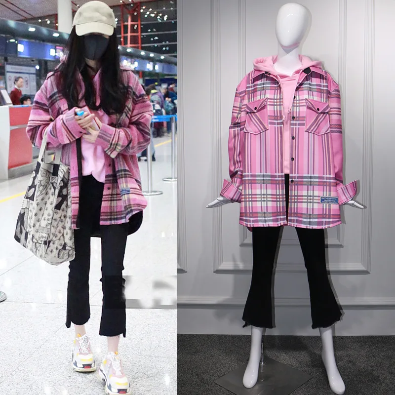 

2020 Autumn Star Yangwei Airport The Same Pink Plaid Medium-long Shirt Overcoat Woman Plaid Shirt Women Clothing