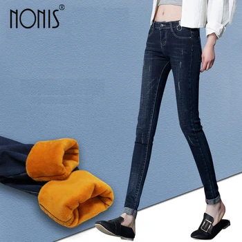 

Nonis New Autumn Winter Women Warm Thick Velvet Mid Waist Skinny Jeans Girl Pencils Pants Femme Vintage Long Trousers