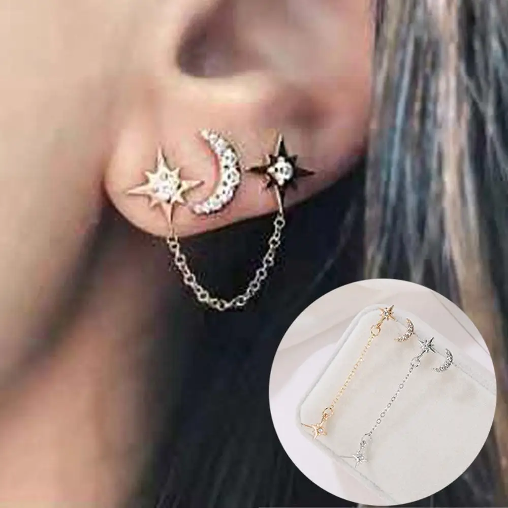 2019 NEW Lovely Gold Stainless Steel Double Star Moon Stud Earrings for Women Korean Set 3 ear Hole Jewelry Accessories | Украшения и