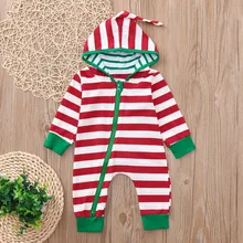 Рождественская одежда, наряд для новорожденных мальчиков и девочек, на молнии, с длинными рукавами, в полоску, с капюшоном, Песочник Комбинезон хлопковый От 0 до 2 лет, комплект одежды