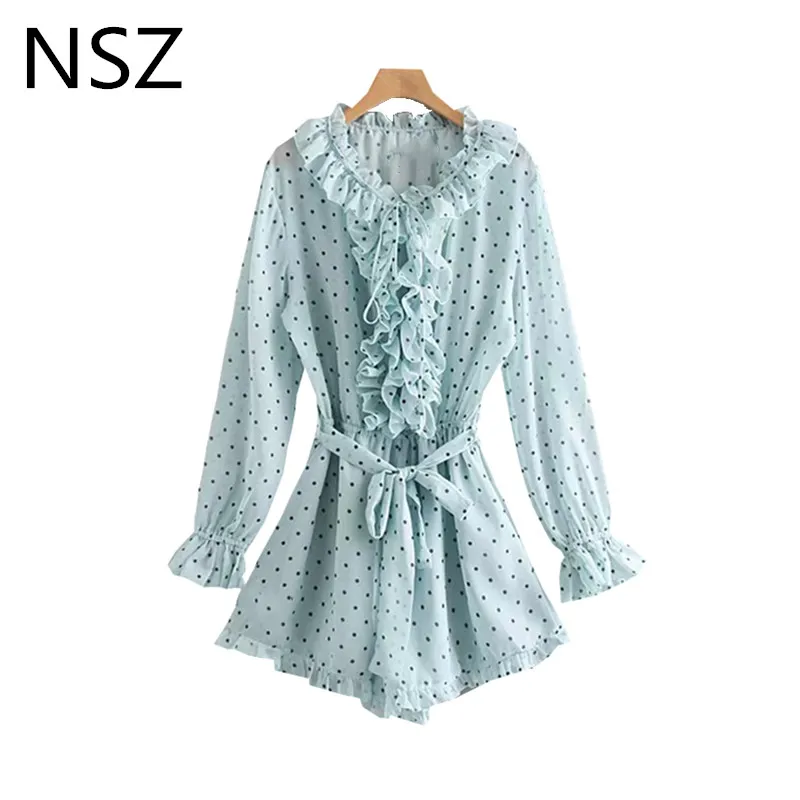 

NSZ Women Polka Dot Print Summer Playsuits Long Sleeve Ruffles Lamination Romper with Belt Beach Overalss