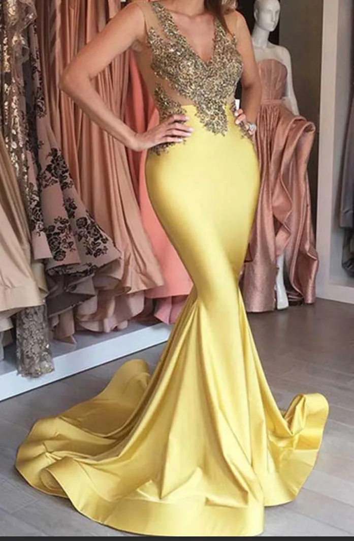 Fashion Yellow Satin Sheer V Neck Prom Gown Sleeveless Applique Mermaid ...