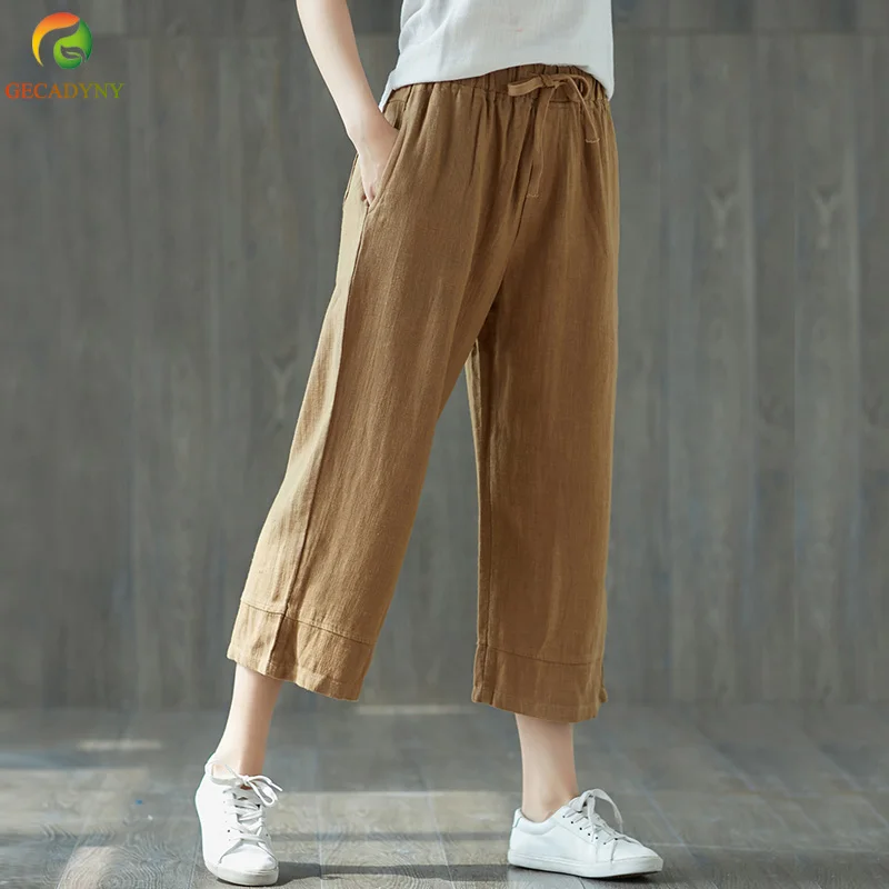 

2019 Casual Summer Linen Women's Pants Wide Leg Pants Women Loose Drawstring Elastic Waist Pants Comfortable Trousers Female