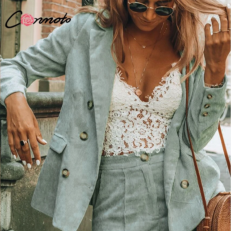 Conmoto Corduroy Blazer Coat Set Business Casual Women Suits Vintage Double Breasted Zipper Pant Ladies 2 Pieces Blazer Pant Set