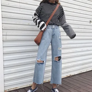 

2019 Women Vintage Hole Ripped Jeans Casual Denim Loose Pants Fashion High Waist Wide Leg Pants