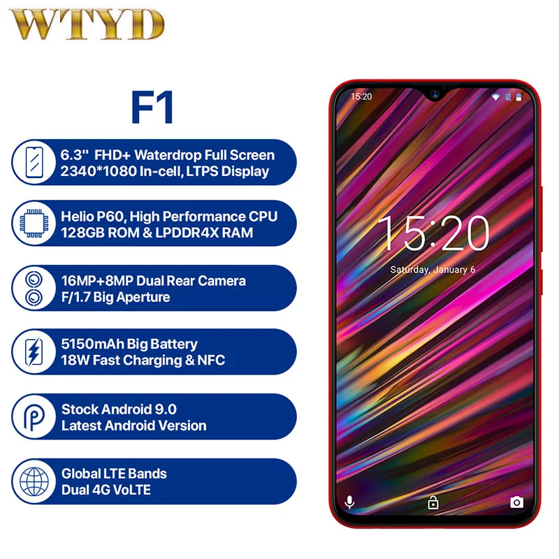 UMIDIGI F1 смартфон с 5 дюймовым дисплеем процессором Helio P60 ОЗУ 4 Гб ПЗУ 9 0 ГБ 6 3 мАч 16 Мп