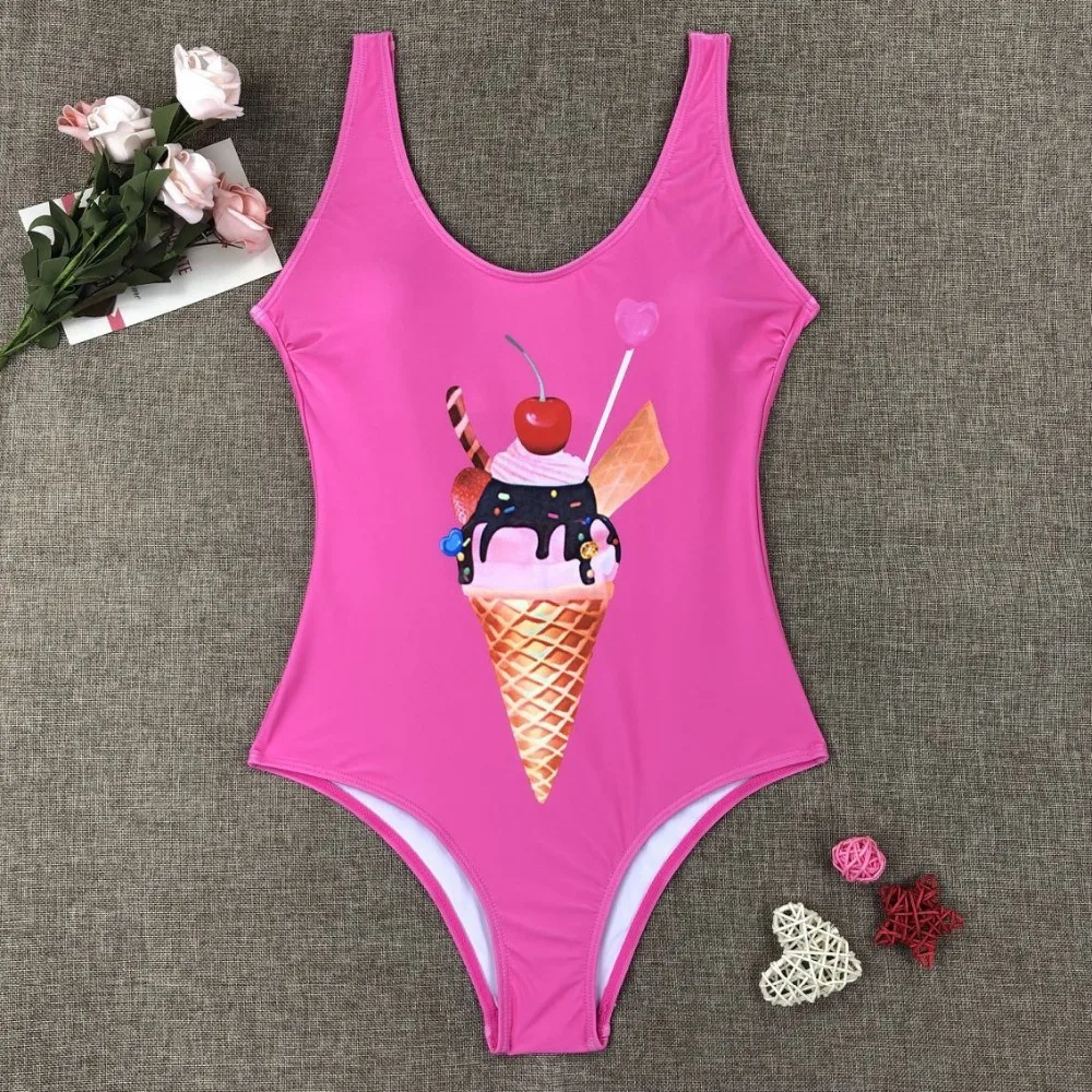 Сексуальный черный розовый цельный купальник для женщин милый мороженое печати купальники женские купальные костюмы Пляжная одежда с открытой спиной Монокини