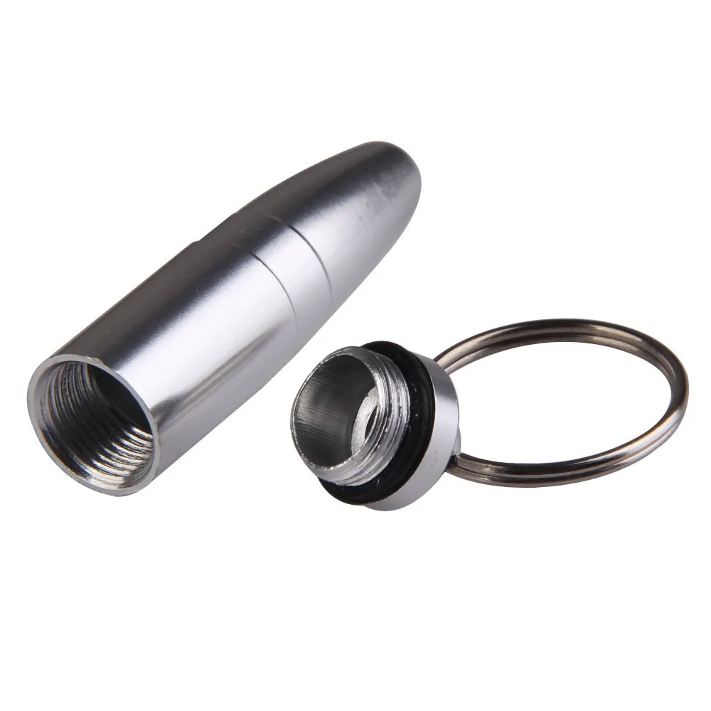 

Outdoor First Aid Mini Bullet Shape Pill Bottle Keychain Medicine Pill Box Silver Aluminum Alloy Drug Holder Gallipot