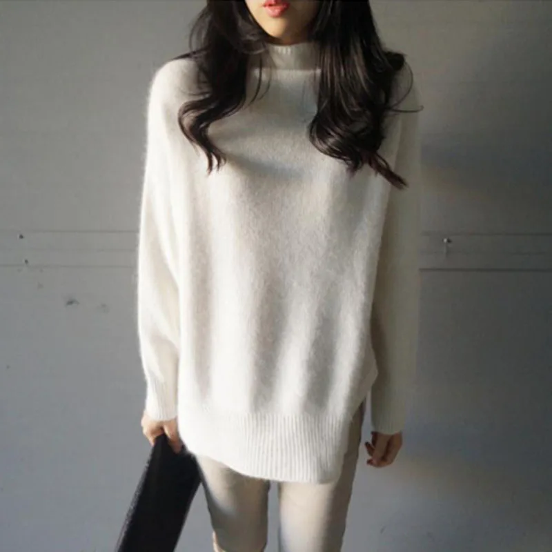 Сезон осень-зима; с рукавами «летучая мышь», свободный свитер с кремким мехом кролика свитер с высоким, плотно облегающим шею воротником для женщин средней длины пуловер - Цвет: Белый
