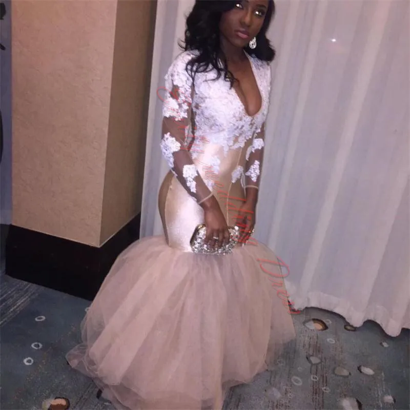 African Champagne Mermaid Prom Dresses Deep Plunging Neck White Appliques Long Sleeves Black