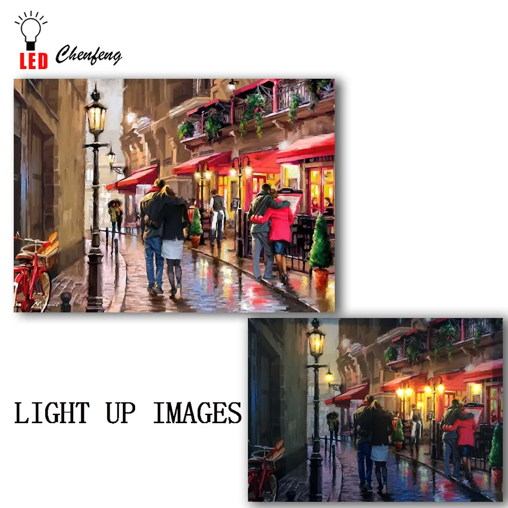 Preise Beleuchtete leinwand drucken Shopping Street Romantische Paris Eiffe Turm Schöne Ansicht von Frankreich Führte malerei Weihnachten Leinwand Wand Kunst