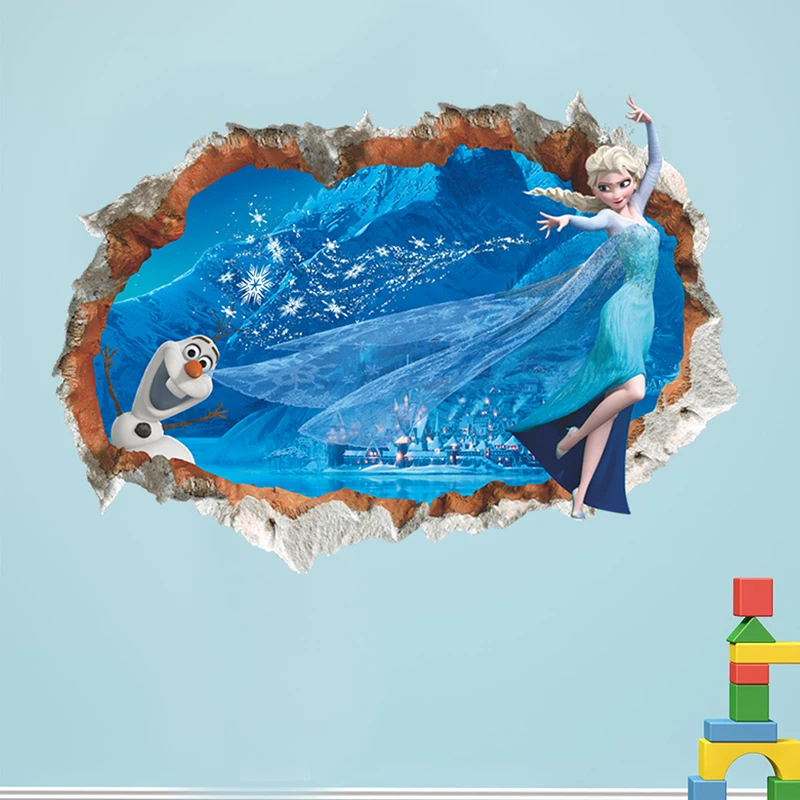 Cartoon Olaf & Elsa Princess Broken Hole 3D Wall Stickers For Home Decoration Frozen Anime Movie Mural Art Kids Room Wall Decals