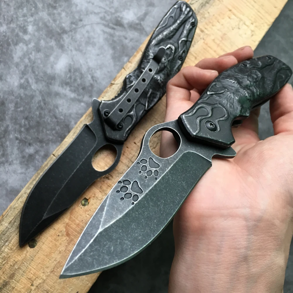 Высокое качество 3D Волк король резной Stonewash Тактический нож выживания кемпинга