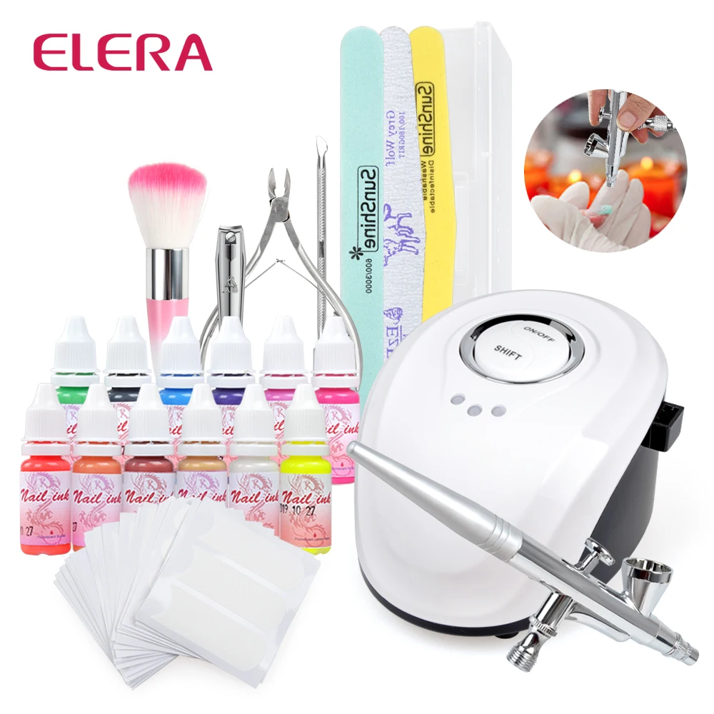 ARSTY Nail Art Equipment Airbrush Compressor Kit 12 Colors Nail Paint 8