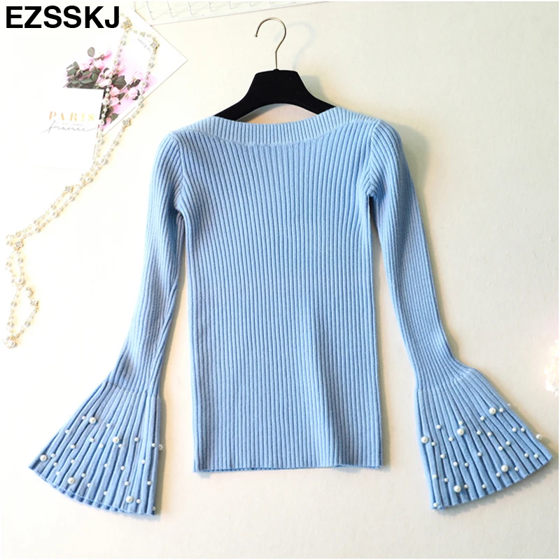 

slash neck Autumn Winter Pullovers Sweater Women pearl thick sweater knit sweater flare long sleeve Basic Sweater Jersey Mujer