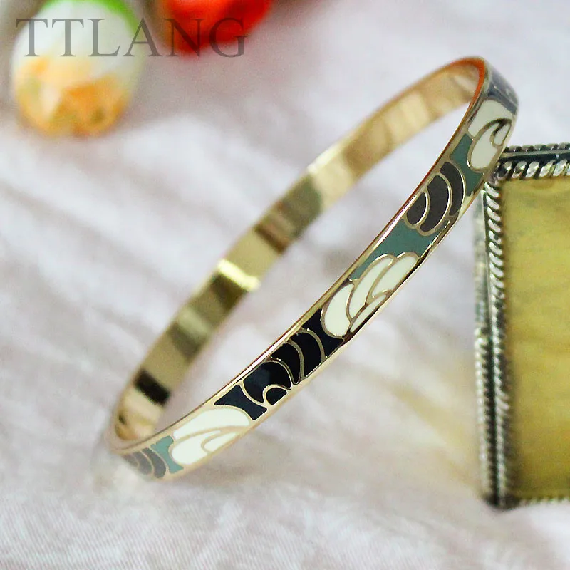 

0.6cm Width Black Green Pink Feather Design Copper Enamel Jewelry Bangle 3 Colors Available