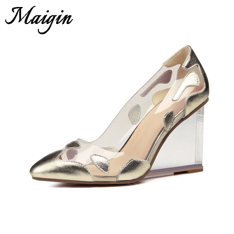 Maigin Gold Summer Women Sandals Genuine Leather Wedges Shoes for Women 2018 New Transparent Footwear High Heels Female Shoes
