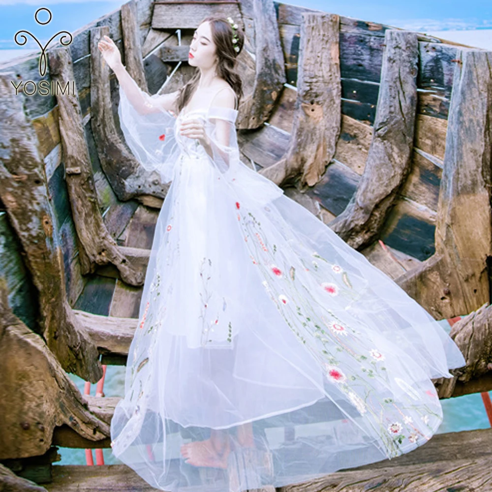 

YOSIMI 2018 Summer Vintage White Floral Embroidery Long Women Dress Evening Party Ankle-Length Voile Dresses Off the Shoulder
