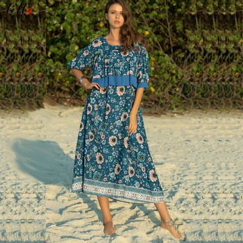 

Bohemian ethnic summer dress beach holiday casual flower pattern printed fake two-piece ruffled dress Fashion women dress loose
