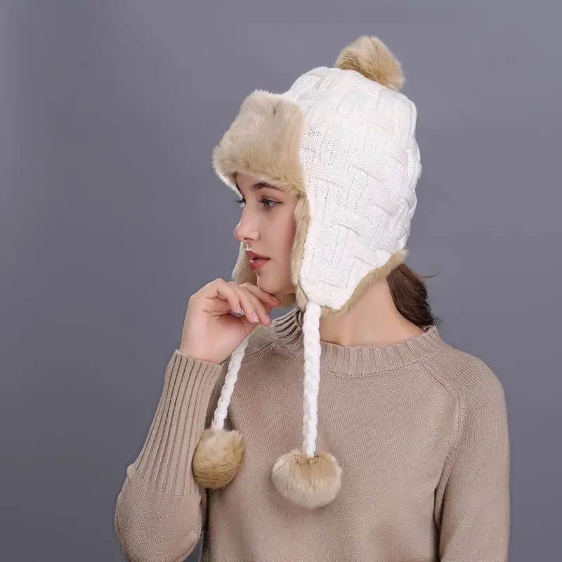 11 Styles Women Winter Thicken Lining Earflap Hat Knitted Contrast Color Snow Ski Beanie Cap Pompom Ball Long Tassels Ear Warmer