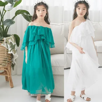 

2019 White Green Girls Dresses For Wedding Party Maxi Long Teenage Girls Summer Dress Shoulderless Holiday Beach Kids clothes