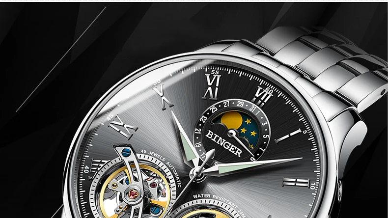 Двойной Tourbillon, швейцарские мужские часы, BINGER, оригинальные автоматические часы, мужские Модные механические наручные часы, кожаные часы