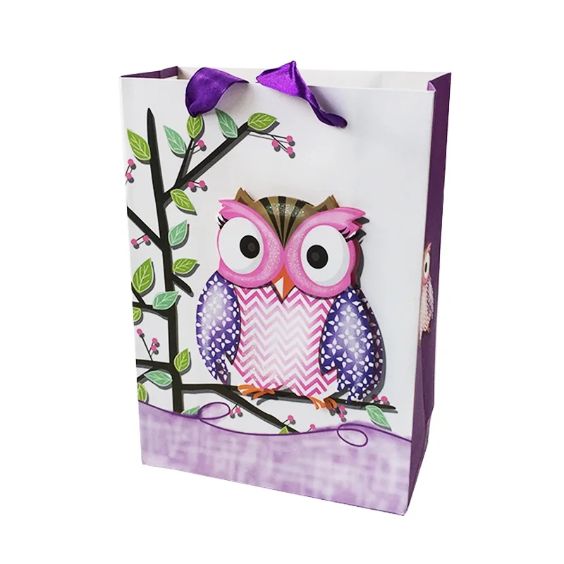 1 шт./лот, 18*25*8 см, бумажные пакеты, многофункциональная сумка с ленточной ручкой, 3D сова, милые перерабатываемые экологически чистые подарочные пакеты - Цвет: Фиолетовый