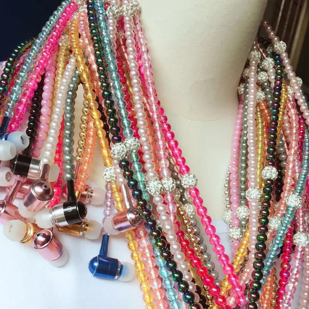 In Ear Pink Girl Headset HeadphoneRhinestone Jewelry Pearl Necklace