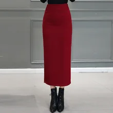 Новая женская юбка карандаш шерстяная длинная юбка талия до середины икры Корейская Осенняя Повседневная офисная красная черная зеленая женская одежда