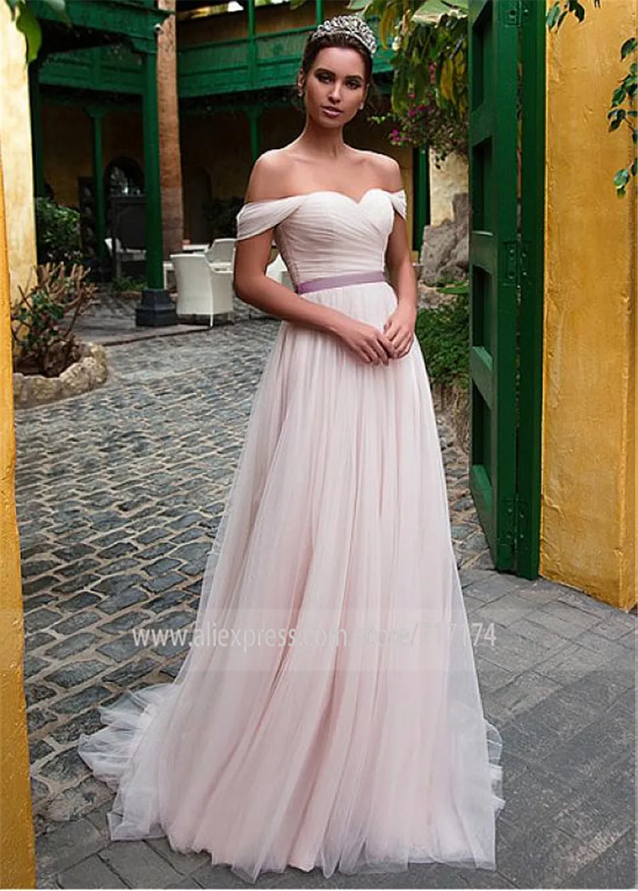 Elegant Tulle Off-the-shoulder Neckline A-line Wedding Dress With Belt Dusty Pink Bridal Dress vestido de madrinha