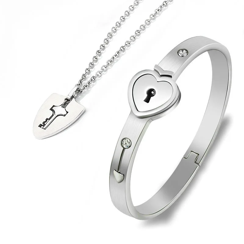 Пара влюбленных ювелирных изделий любовь сердце замок браслет из нержавеющей стали браслеты ключ кулон ожерелье ювелирные изделия подарок - Metal Color: Silver Plated