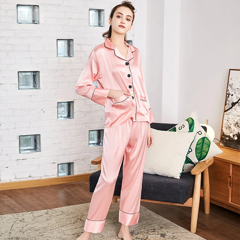 solid color silk-like long sleeve sleepwear spring (1)